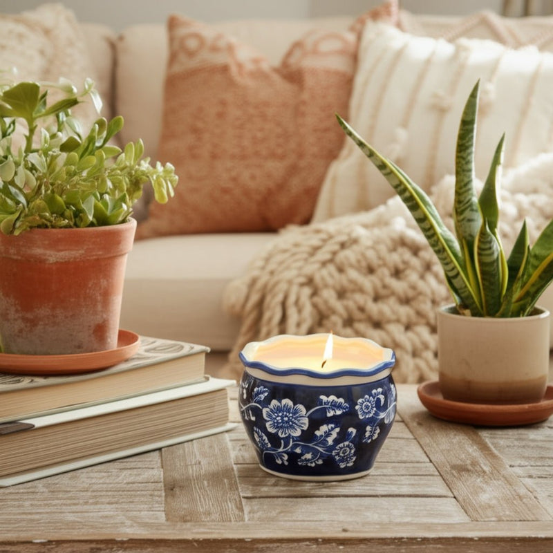 4", 7oz Round Chinoiserie Candle , Blue/white - Al Rugaib Furniture