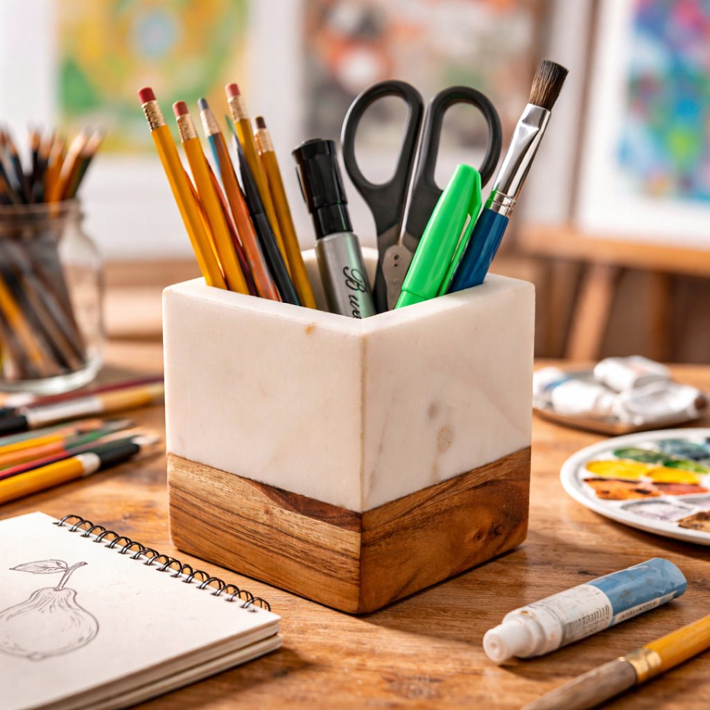 4" Marble And Wood Pencil Cup, White/brown Box| Sagebrook Home