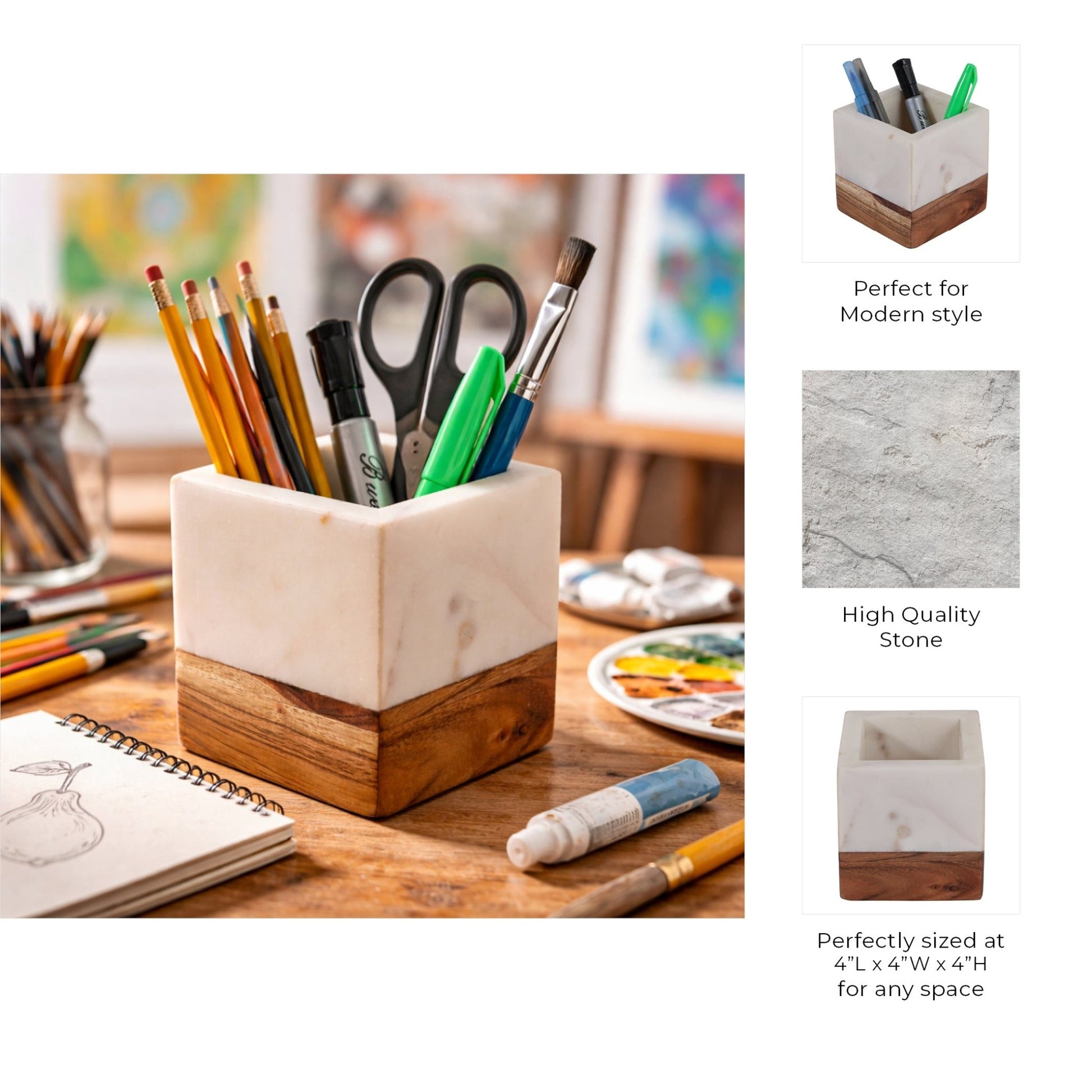 4" Marble And Wood Pencil Cup, White/brown Box| Sagebrook Home