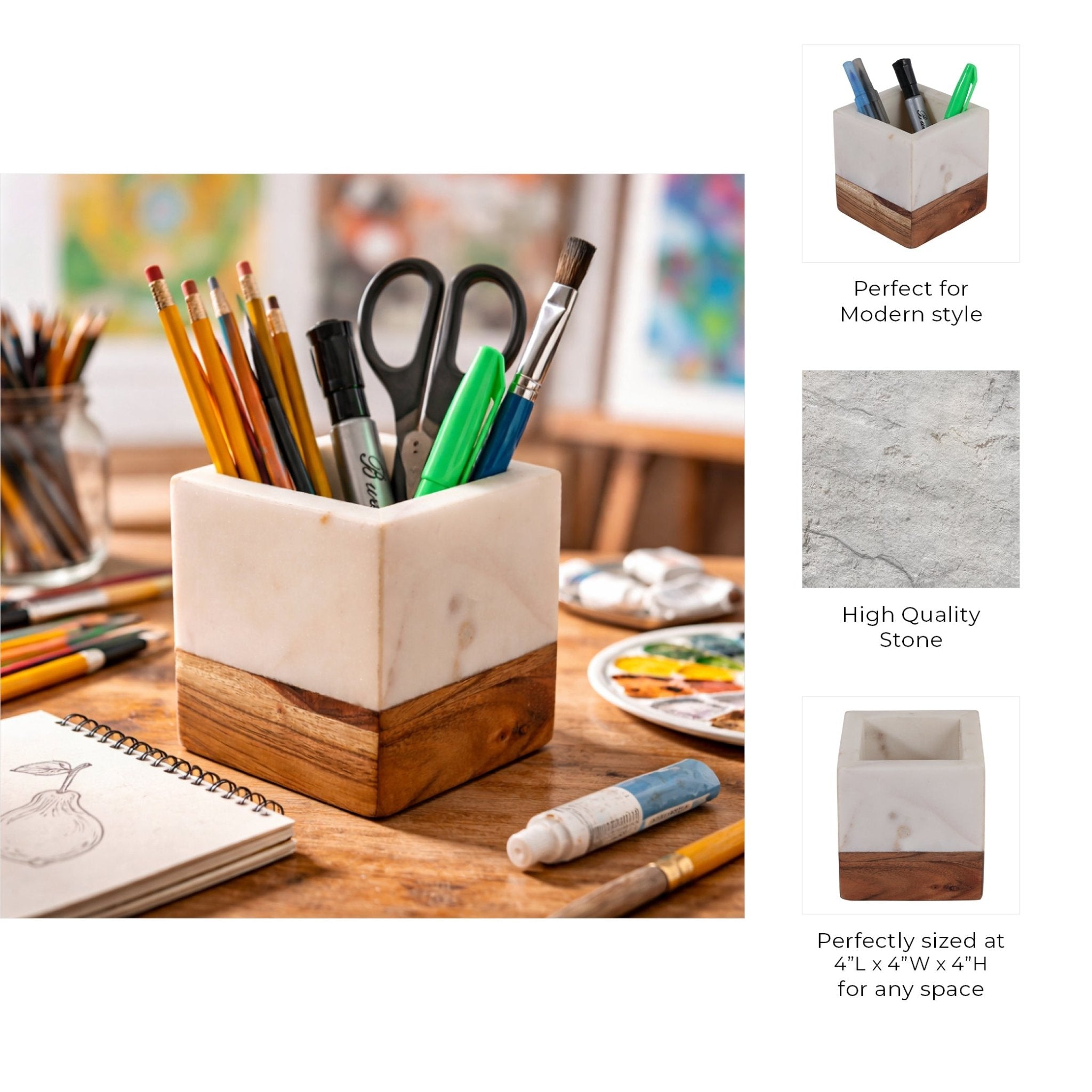 4" Marble And Wood Pencil Cup, White/brown Box| Sagebrook Home