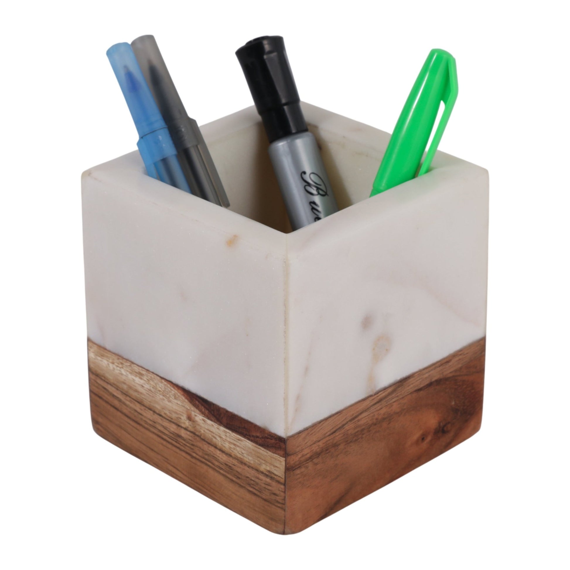 4" Marble And Wood Pencil Cup, White/brown Box| Sagebrook Home