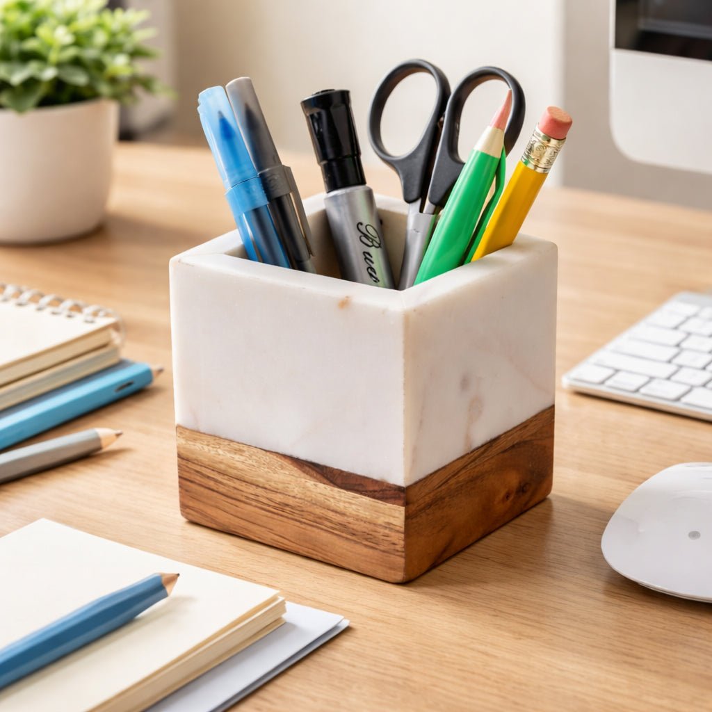 4" Marble And Wood Pencil Cup, White/brown Box| Sagebrook Home