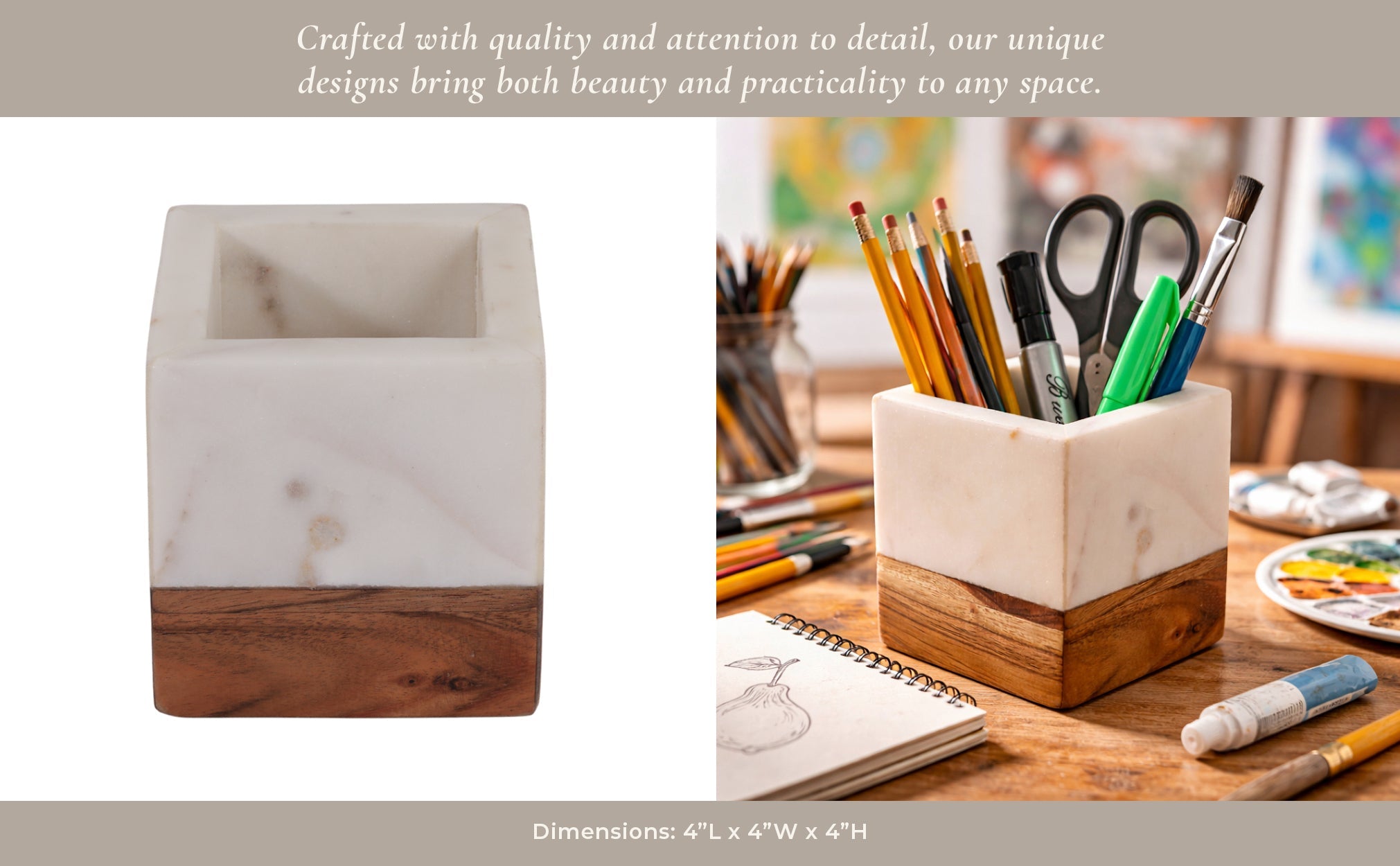 4" Marble And Wood Pencil Cup, White/brown Box| Sagebrook Home