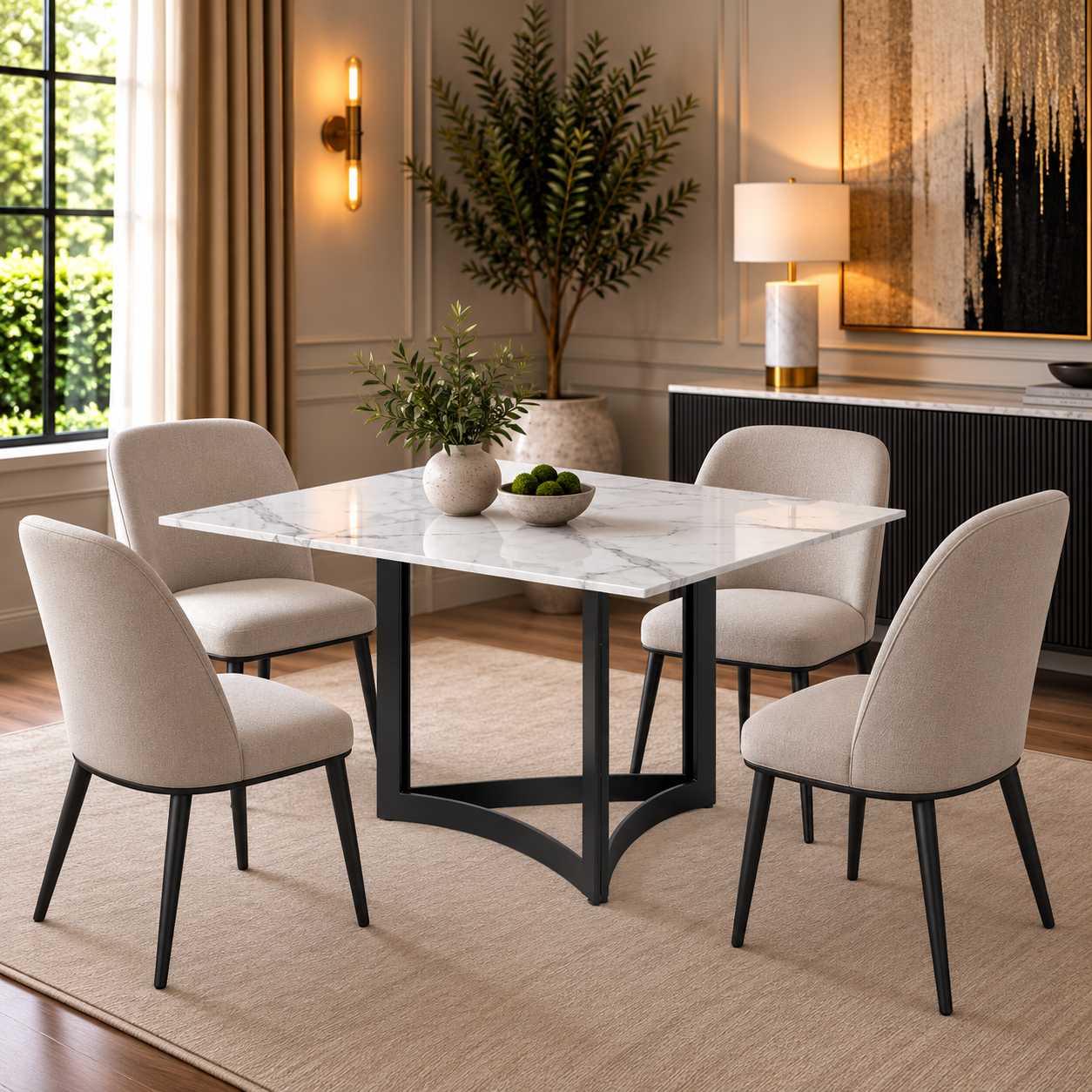 Alexa Dining Table Black Base and 160 Square CM White Marble