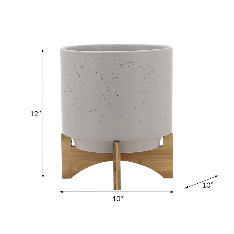 10 PLANTER W/ WOOD STAND, MATTE BEIGE