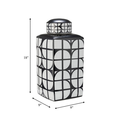 CER, 18H SQUARE JAR W/ LID, BLACK/WHITE