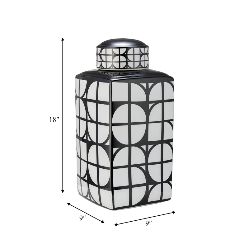 CER, 18H SQUARE JAR W/ LID, BLACK/WHITE