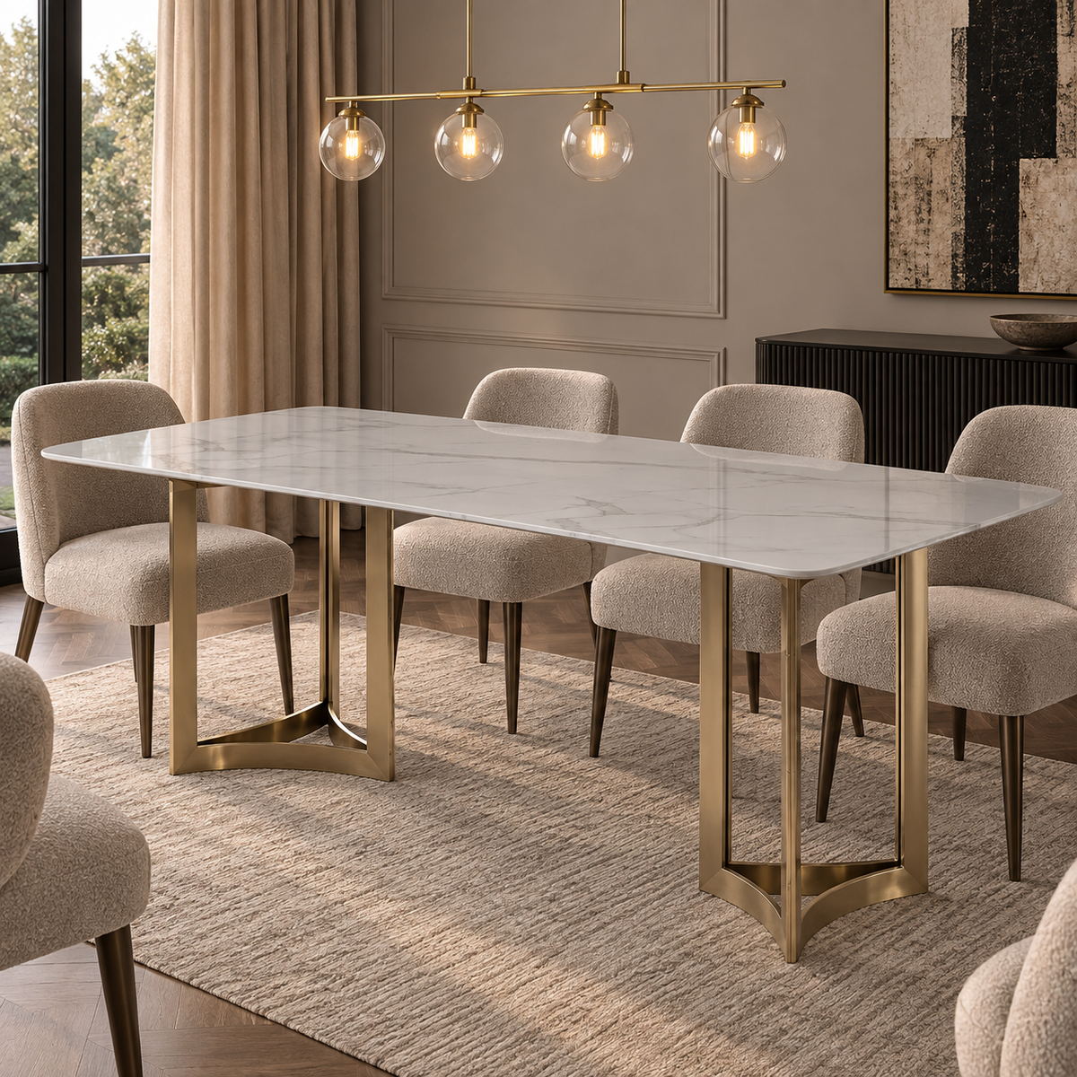 Alexa Dining Table Gold Base and 200 CM White Marble