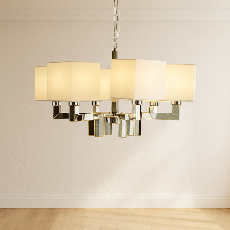 MIRRORED 6 LIGHT CHANDELIER, SILVER