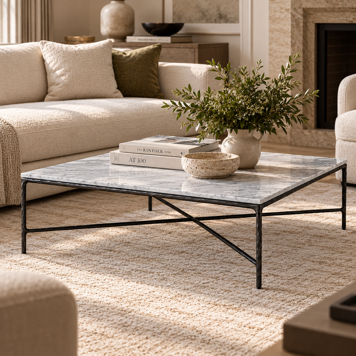 Square Black Coffee Table with Marble Top