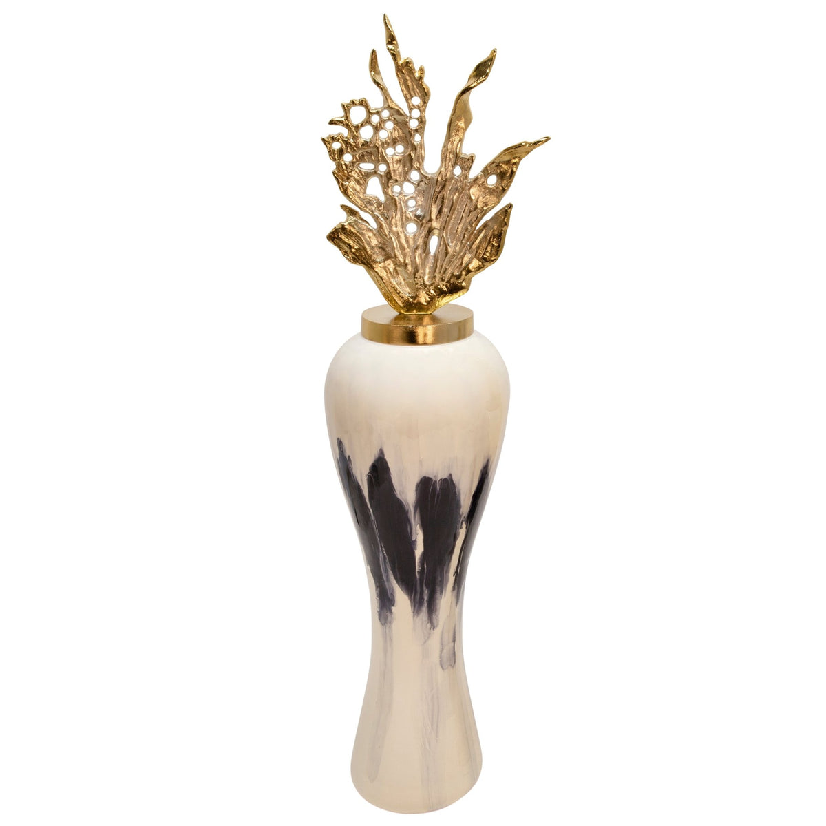 43"H METAL VASE W/ LEAF LIKE LID, WHITE Vases and Jars| Sagebrook Home
