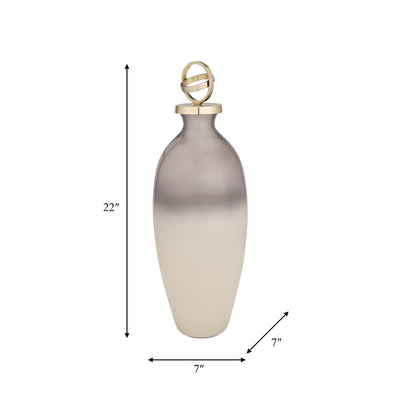 GLASS,22,BOTTLE W/SPHERE LID,WHITE/GOLD