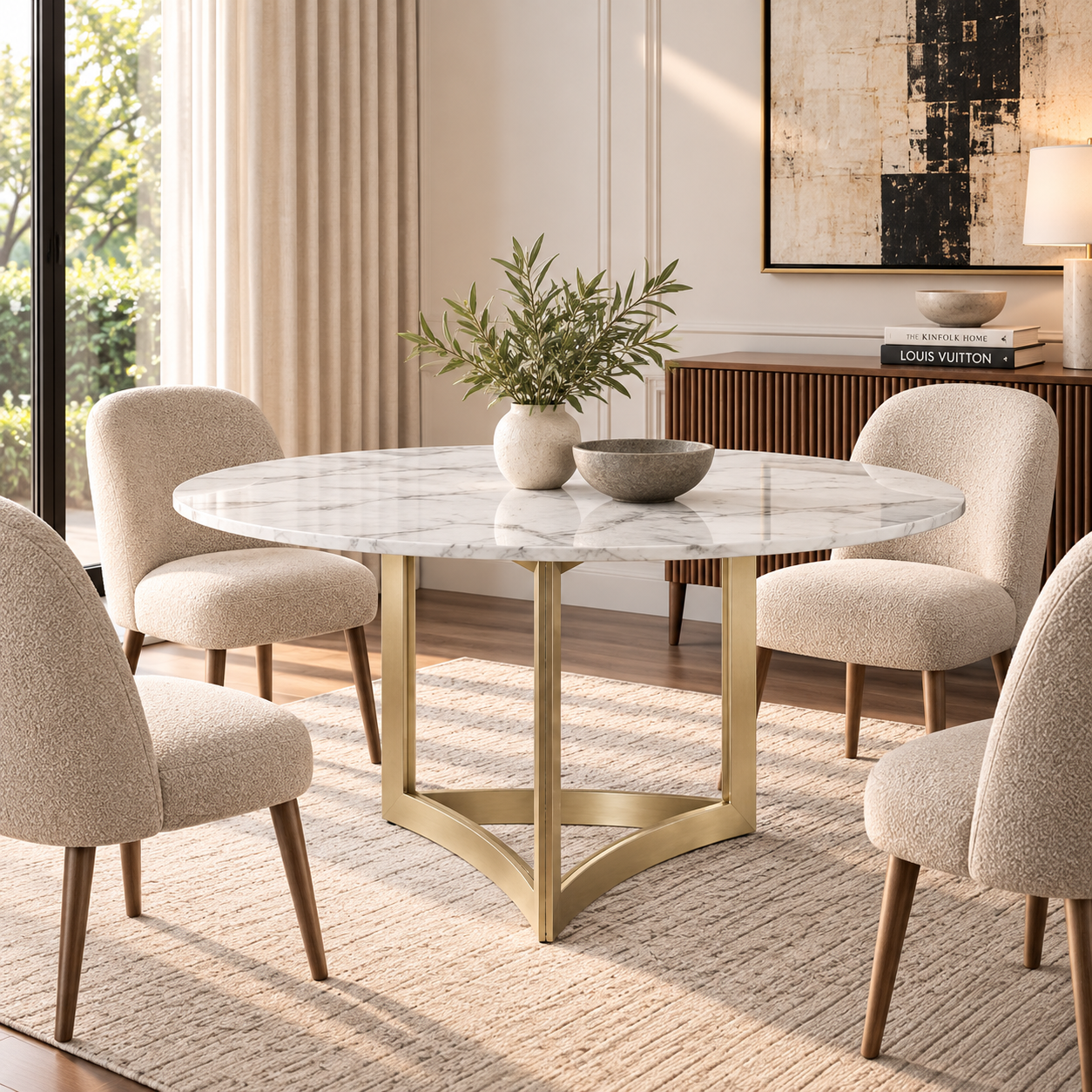 Alexa Dining Table Gold Base and 130 CM Round White Marble
