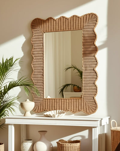 44x32" Woven Scallop Edge Mirror, Natural - Al Rugaib Furniture