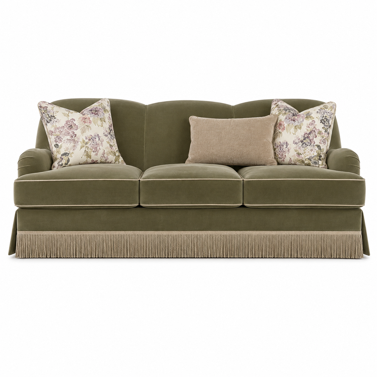 Jasmine Olive Sofa Fringe Skirted 273cm