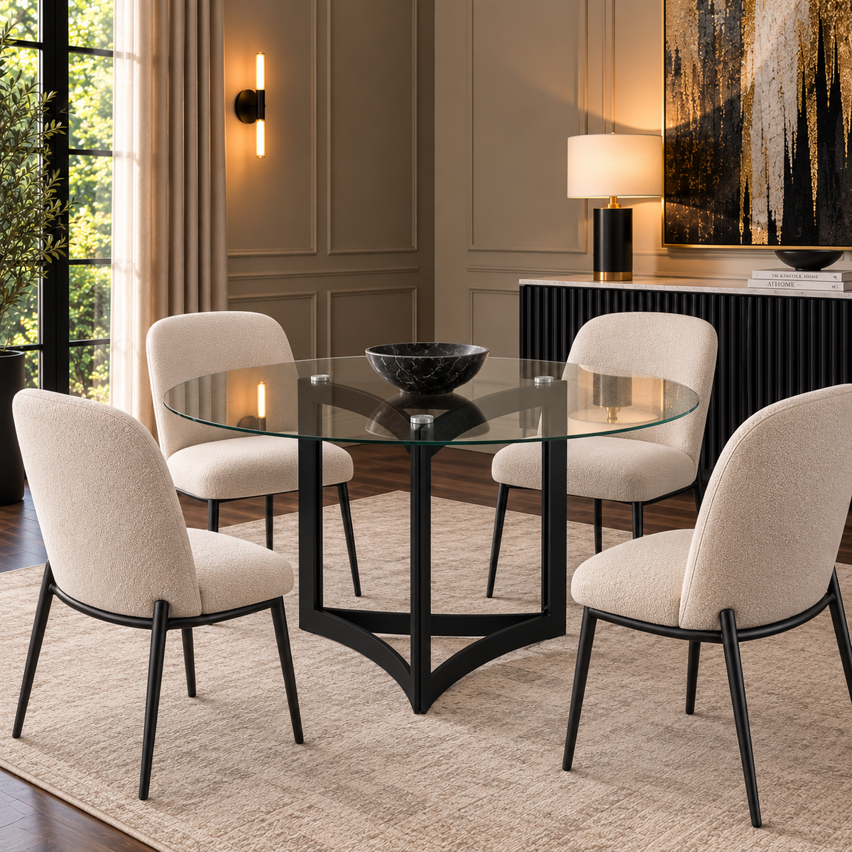 Alexa Dining Table Black Base and 130 CM Round Clear Glass