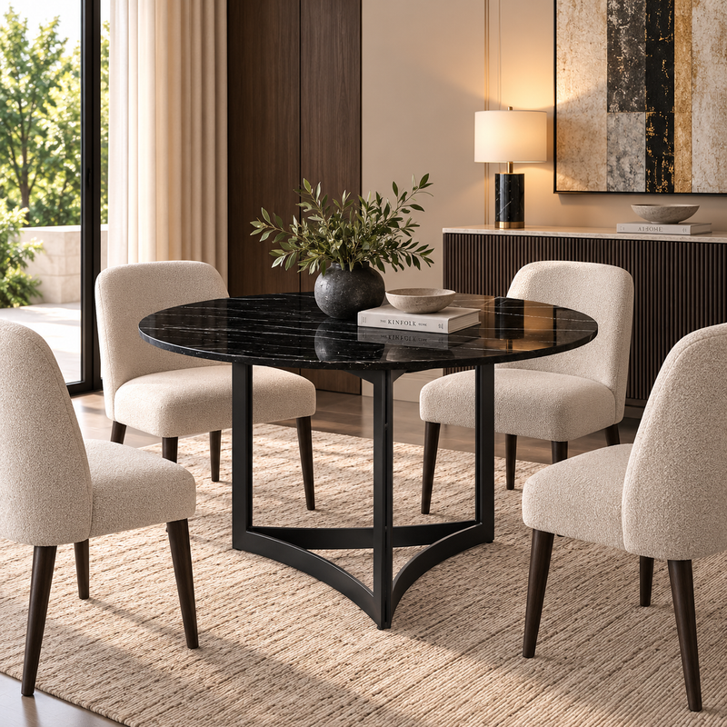 Alexa Dining Table Black Base and 180 CM Round Black Marble