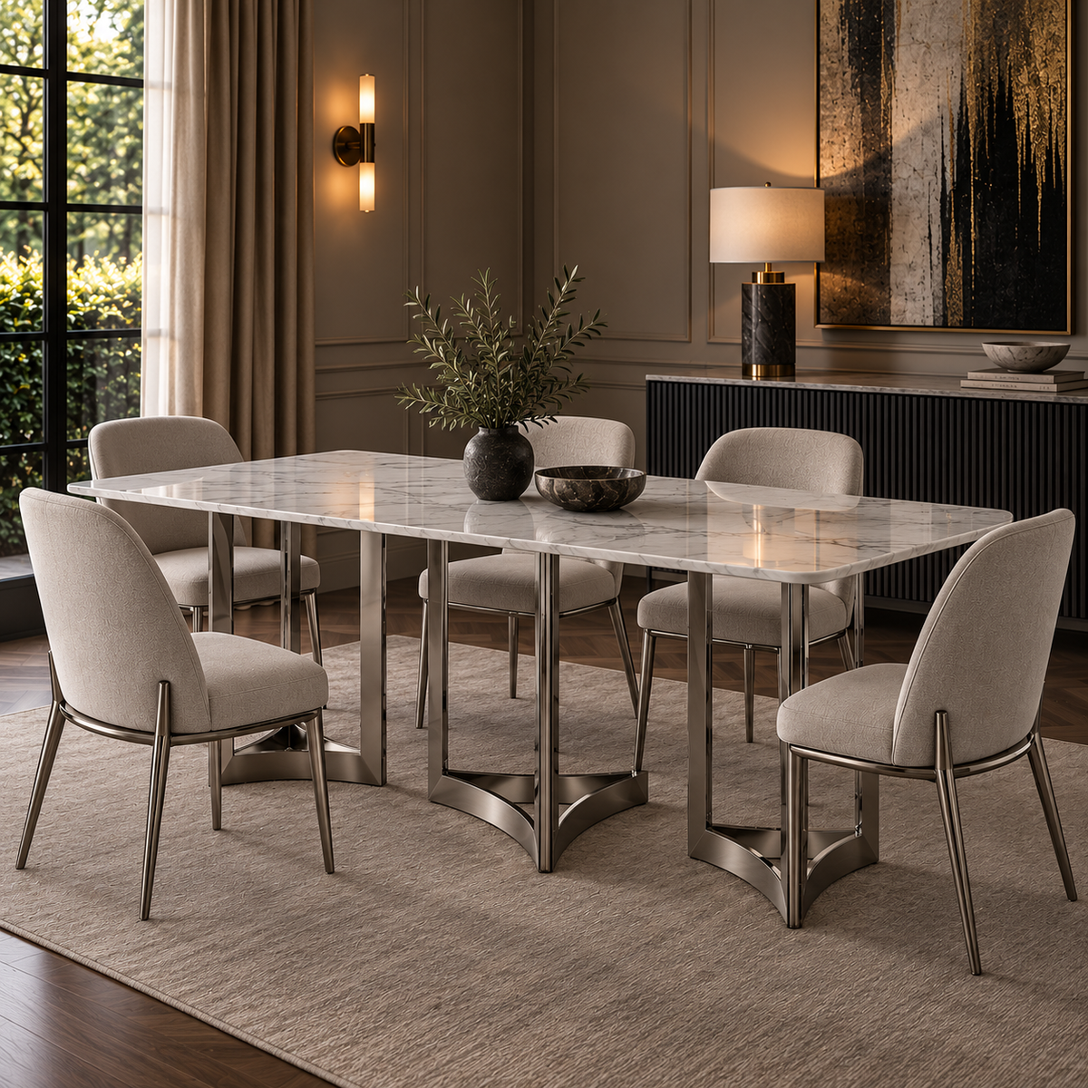 Alexa Dining Table Silver Base and 240 CM White Marble