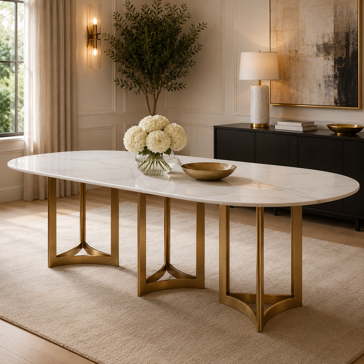 Alexa Dining Table Gold Base and 350 CM Oval White Marble