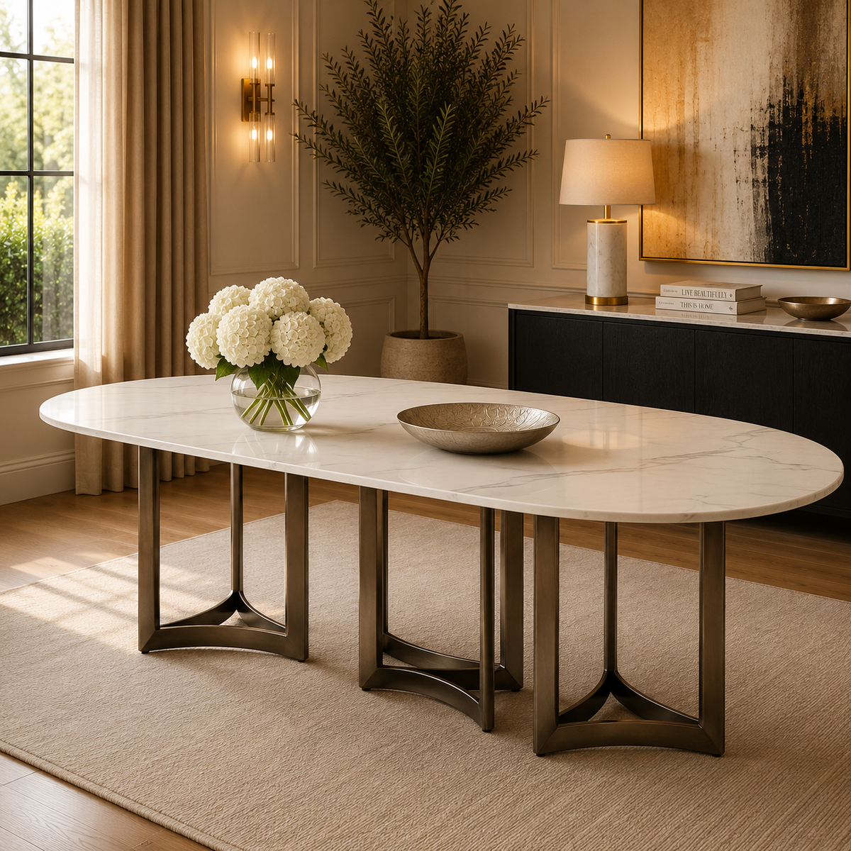 Alexa Dining Table Bronze Base and 295 Oval CM White Marble