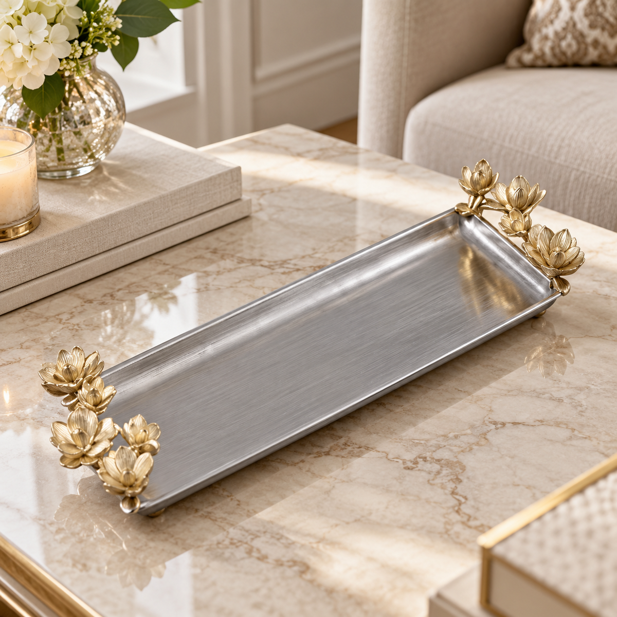 Gold Floral Rectangular Small Tray