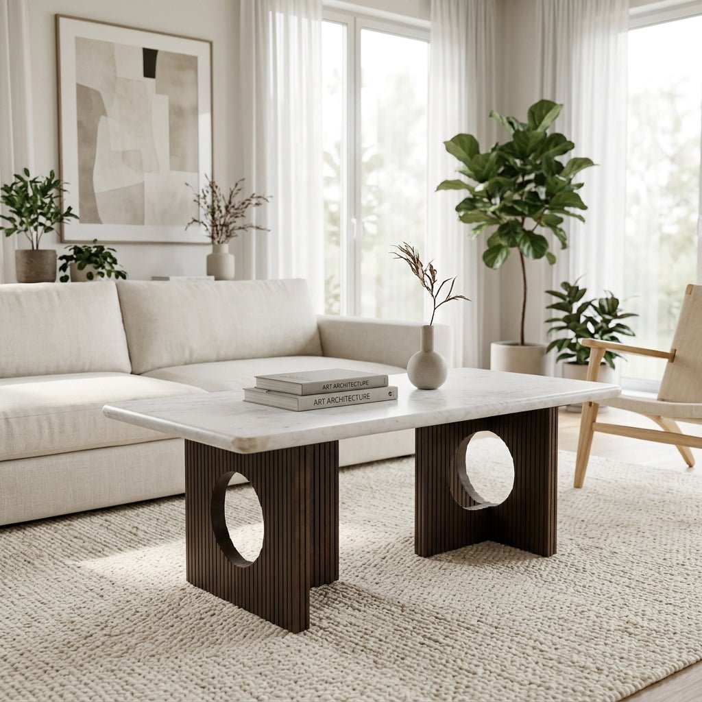 48x24" Fluted Base Coffee Table, White/brown Coffee Tables| Sagebrook Home