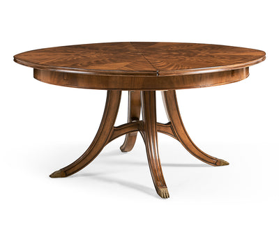 Windsor Collection - 59 Crotch Walnut circular dining table with self–storing leaves