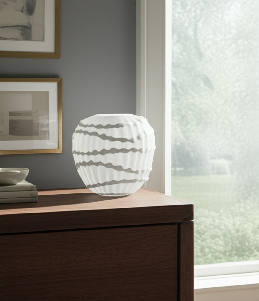 مزهرية وارويك الزجاجية المنحوتة باللون الأبيض Warwick White Carved Glass Vase