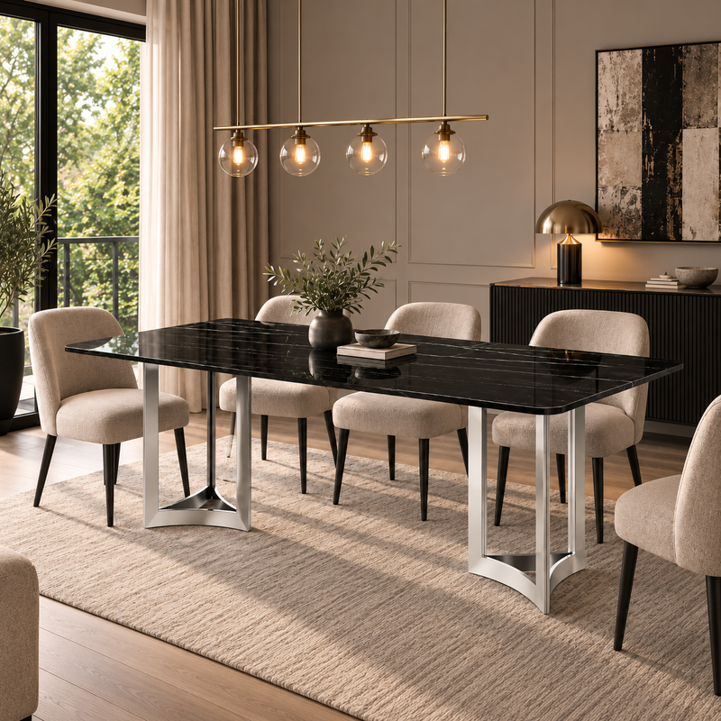 Alexa Dining Table Silver Base and 200 CM Black Marble