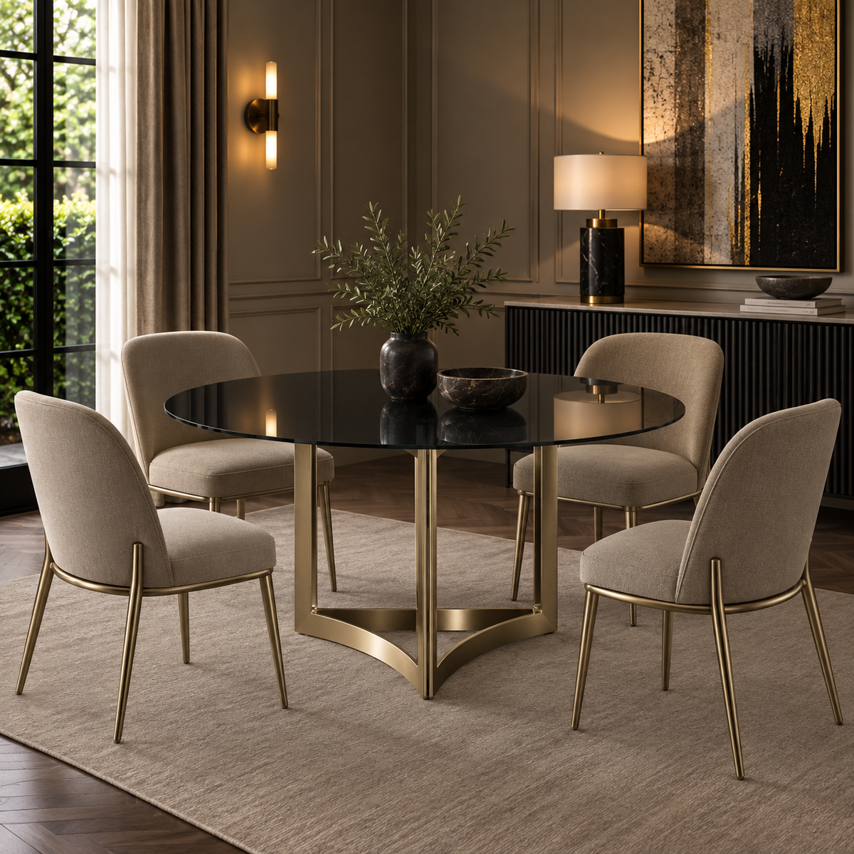 Alexa Dining Table Gold Base and 150 CM Round Black Glass