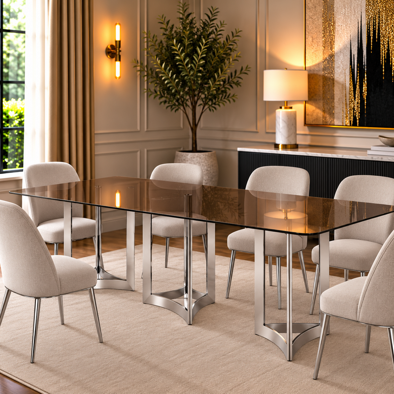Alexa Dining Table Silver Base and 295 CM Gold Glass