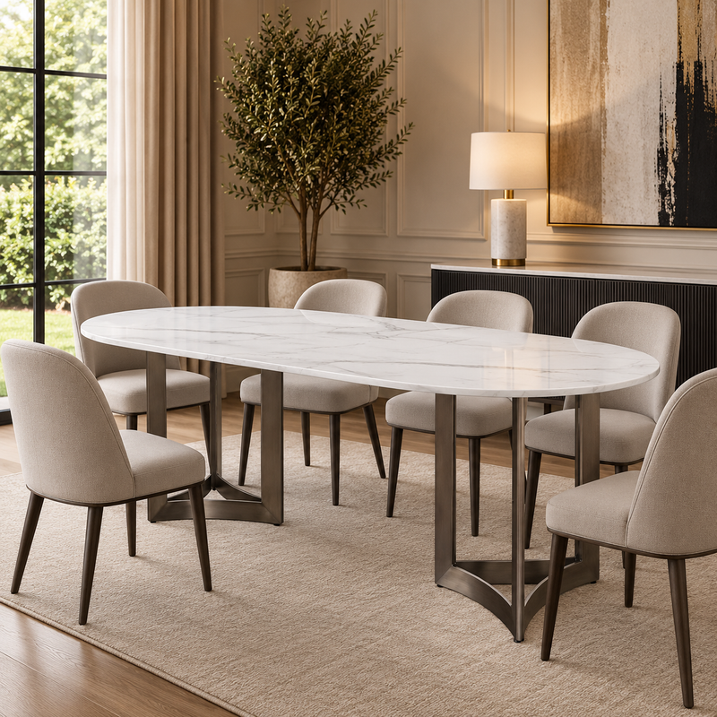 Alexa Dining Table Bronze Base and 200 Oval CM White Marble