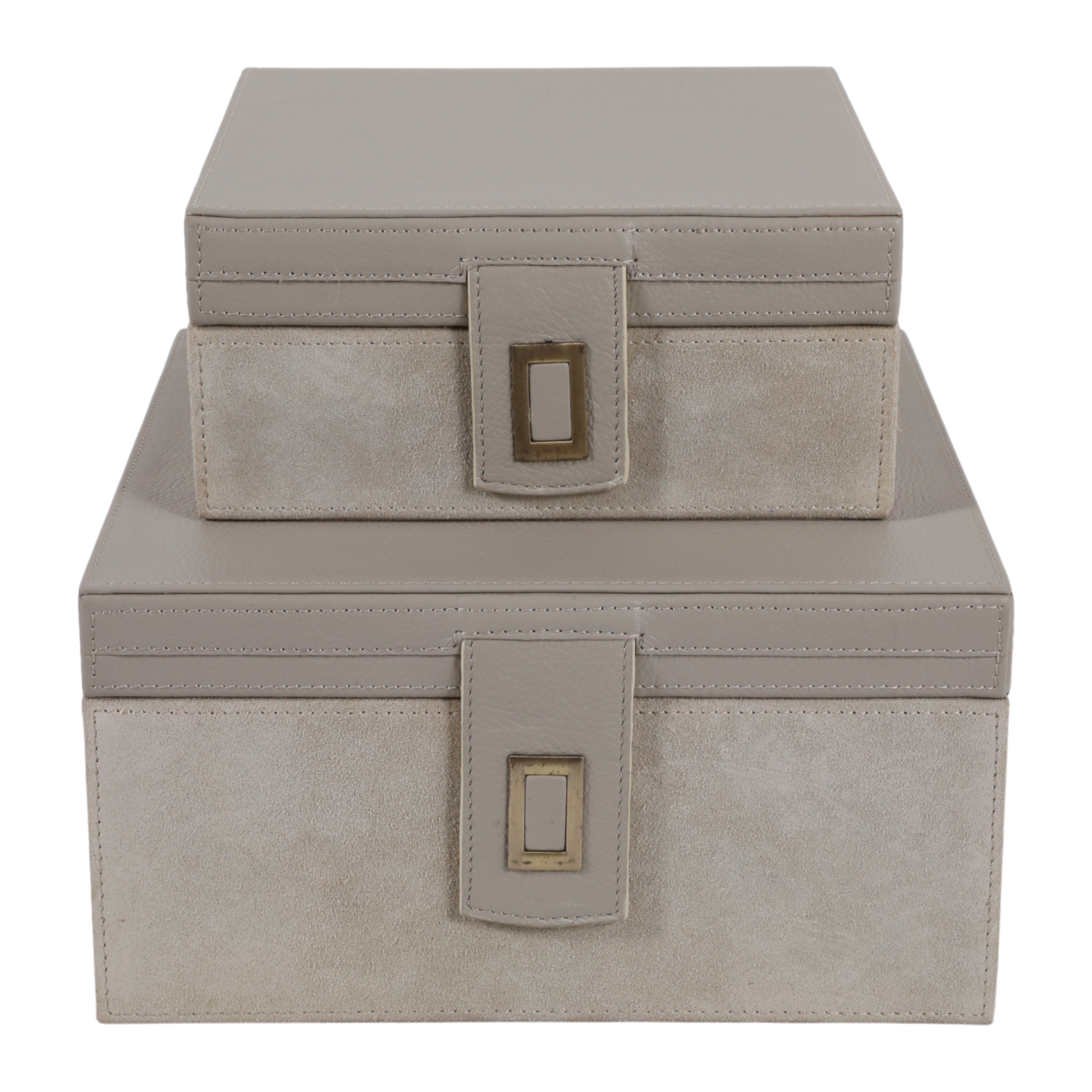 S/2 7/9" HAMDEN TAUPE LEATHER BOXES