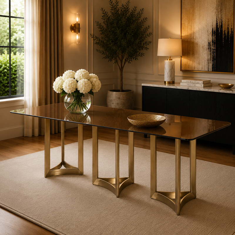 Alexa Dining Table Gold Base and 350 CM Gold Glass