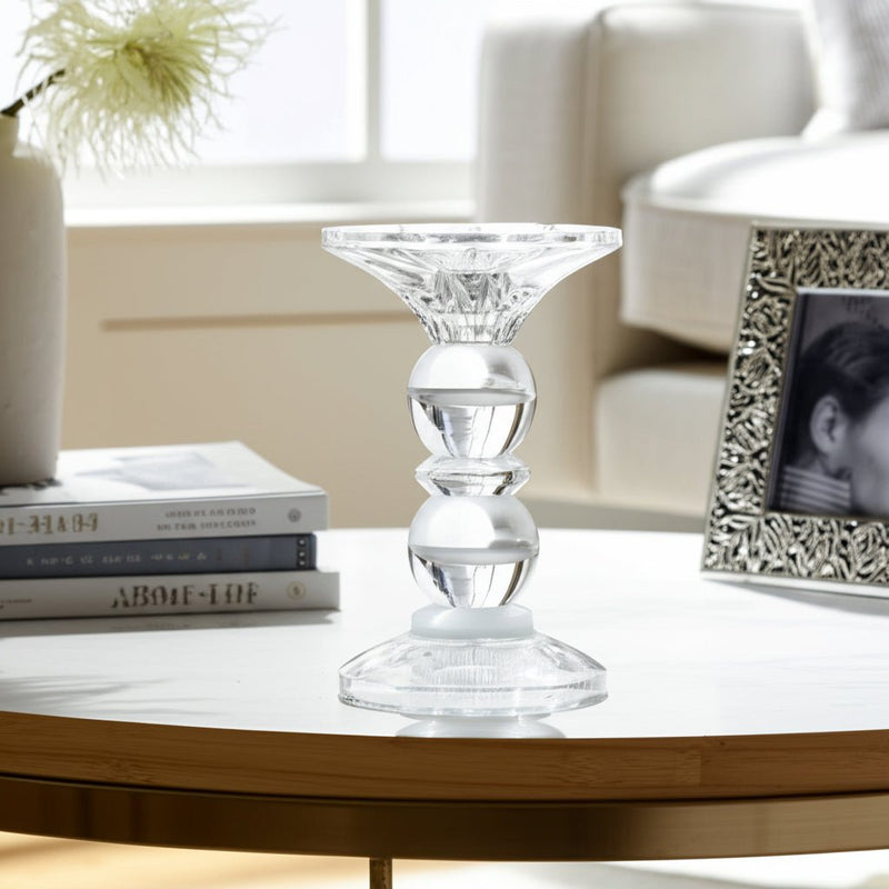 5" Bubble Crystal Candle Holder W/ Taper, Clear - Al Rugaib Furniture