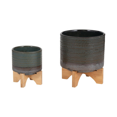 5" DOTTED PLANTER W/ WOOD STAND, GREEN - Al Rugaib Furniture