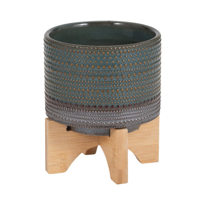 5" DOTTED PLANTER W/ WOOD STAND, GREEN - Al Rugaib Furniture