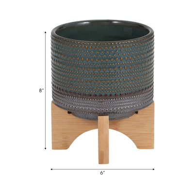 5" DOTTED PLANTER W/ WOOD STAND, GREEN - Al Rugaib Furniture