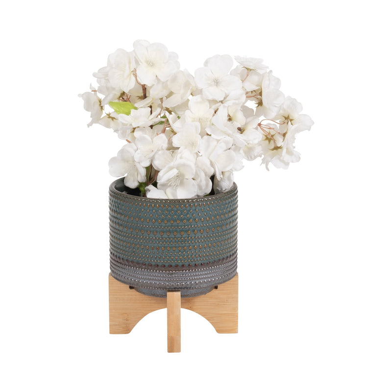 5" DOTTED PLANTER W/ WOOD STAND, GREEN - Al Rugaib Furniture