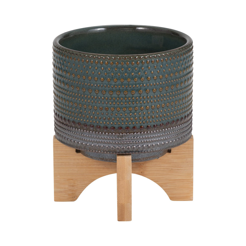 5" DOTTED PLANTER W/ WOOD STAND, GREEN - Al Rugaib Furniture