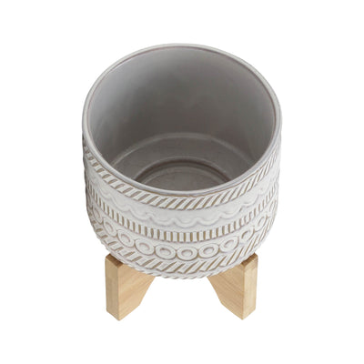 5" TRIBAL PLANTER W/ WOOD STAND, BEIGE - Al Rugaib Furniture