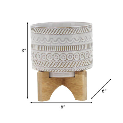 5" TRIBAL PLANTER W/ WOOD STAND, BEIGE - Al Rugaib Furniture