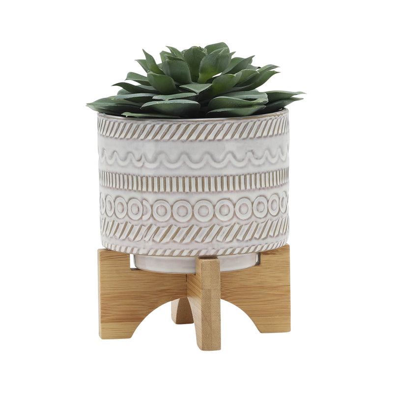 5" TRIBAL PLANTER W/ WOOD STAND, BEIGE - Al Rugaib Furniture