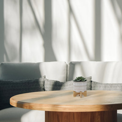 5" TRIBAL PLANTER W/ WOOD STAND, BEIGE - Al Rugaib Furniture