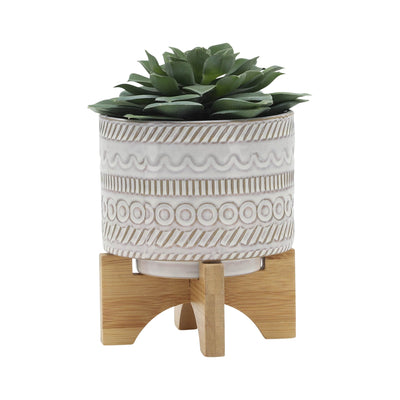 5" TRIBAL PLANTER W/ WOOD STAND, BEIGE - Al Rugaib Furniture