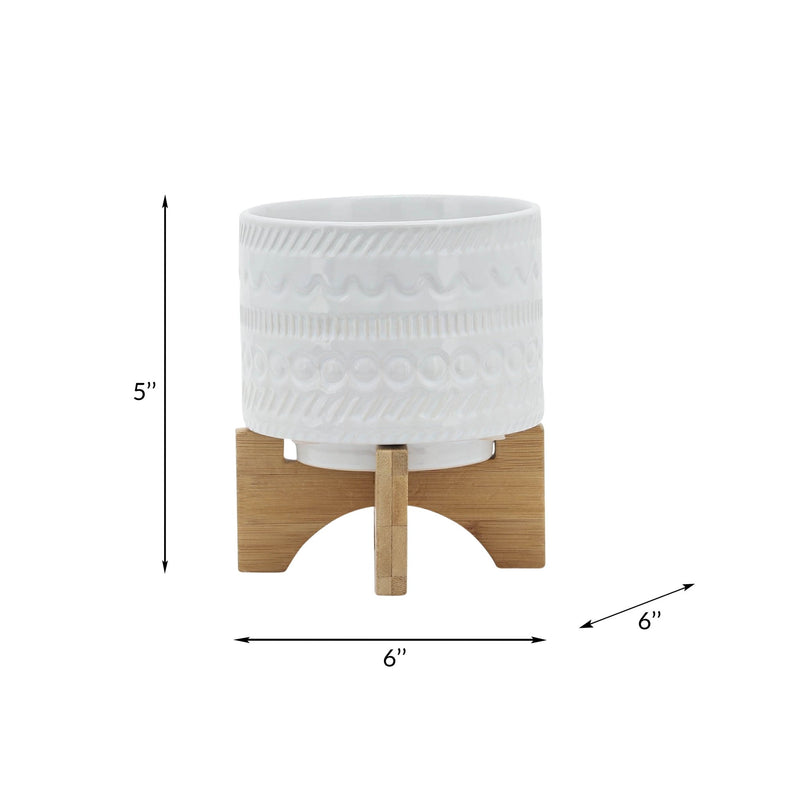5" TRIBAL PLANTER W/ WOOD STAND, WHITE - Al Rugaib Furniture