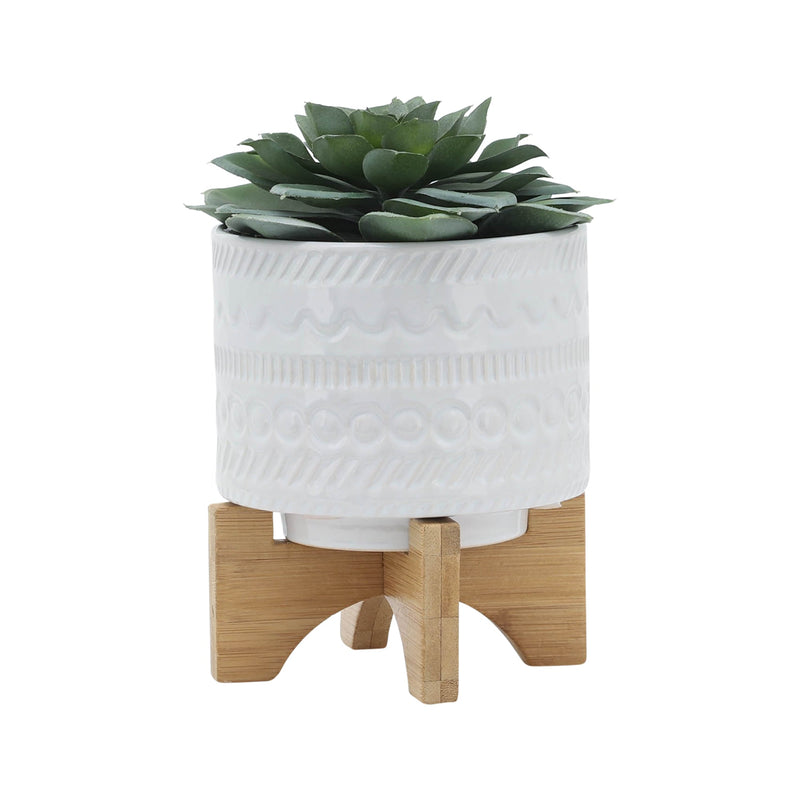 5" TRIBAL PLANTER W/ WOOD STAND, WHITE - Al Rugaib Furniture