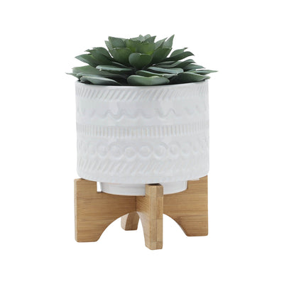 5" TRIBAL PLANTER W/ WOOD STAND, WHITE - Al Rugaib Furniture