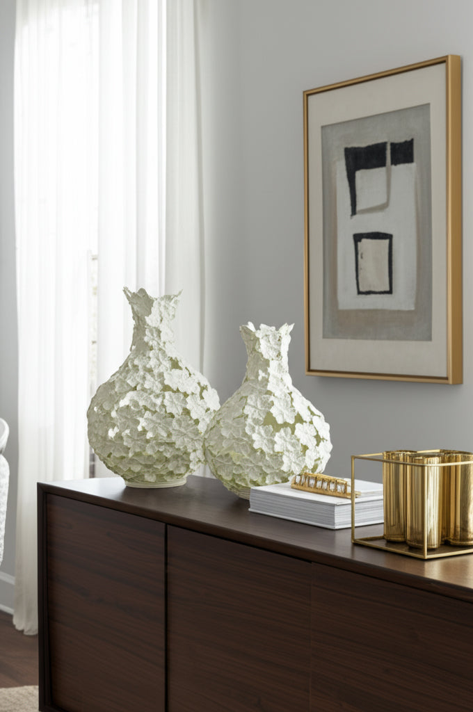مزهرية من المعدن مع تصميم زهرة مقصوصة، عاجية Cut-out Flower Metal Vase, Ivory