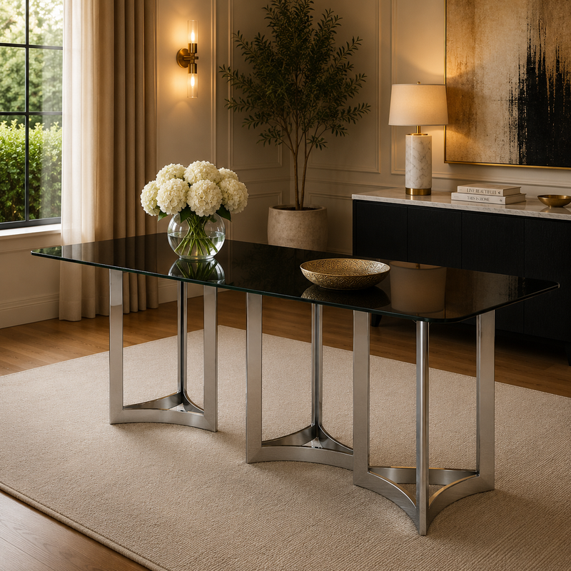 Alexa Dining Table Silver Base and 395 CM Black Glass